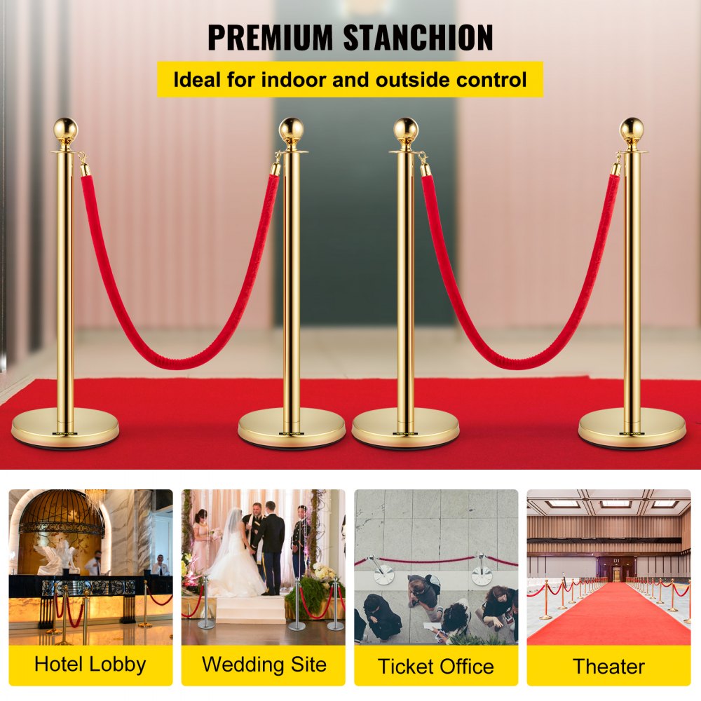 AMITOOLS 38 Inch Stanchion Posts Queue, Red Velvet Rope (3, Gold)