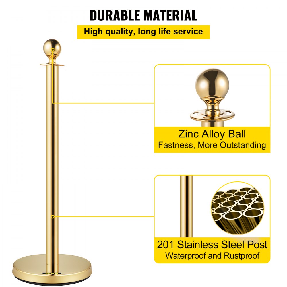 AMITOOLS 38 Inch Stanchion Posts Queue, Red Velvet Rope (3, Gold)