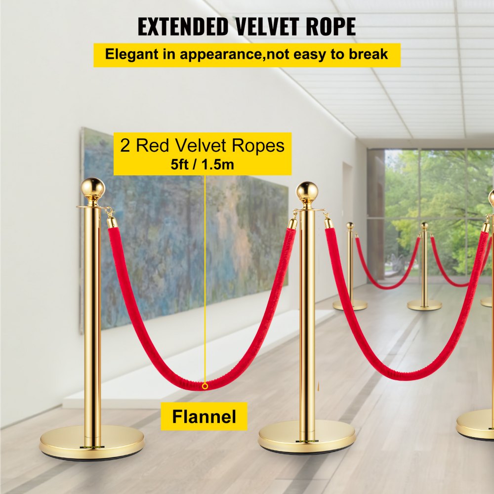 AMITOOLS 38 Inch Stanchion Posts Queue, Red Velvet Rope (3, Gold)