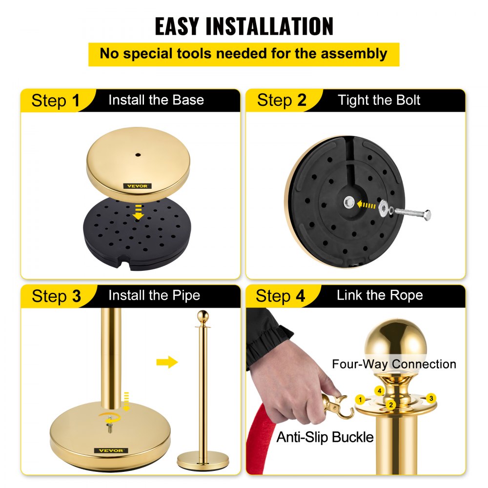 AMITOOLS 38 Inch Stanchion Posts Queue, Red Velvet Rope (3, Gold)