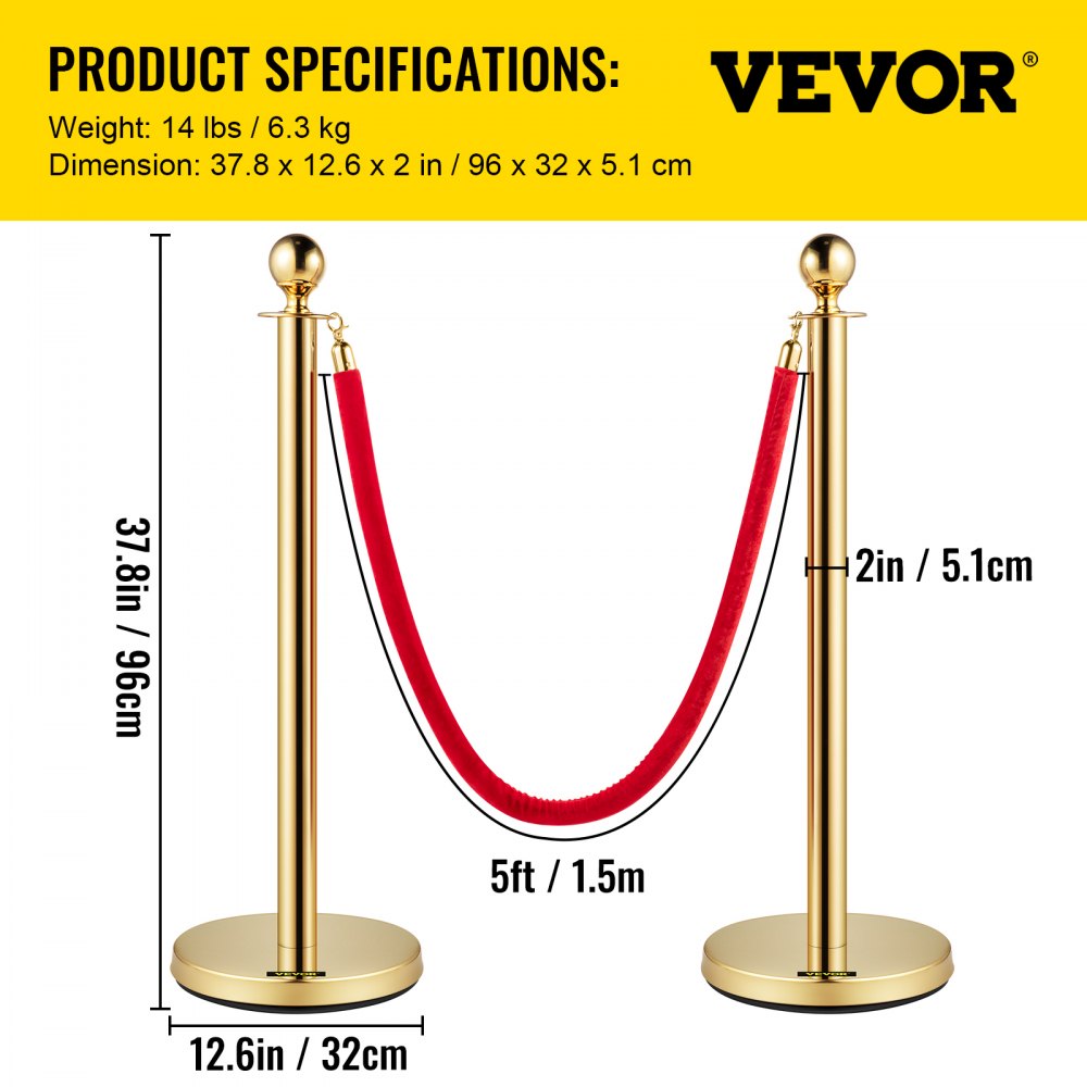 AMITOOLS 38 Inch Stanchion Posts Queue, Red Velvet Rope (3, Gold)