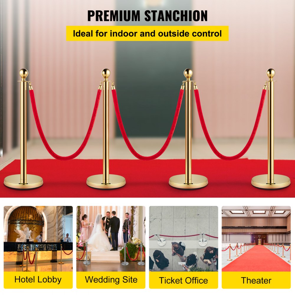 AMITOOLS 4PCS Gold Stanchion Posts Queue, 38 Inch Red Velvet Rope, Crowd Control Barriers Queue Line Rope, Barriers for Party Supplies