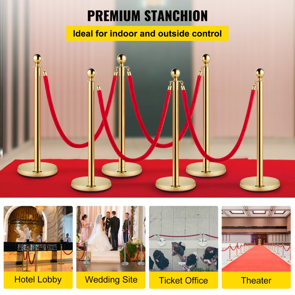 AMITOOLS 6 PCS Gold Stanchions Posts Stainless Steel Stanchion Queue Post Red Rope Retractable 38In for Both Indoor and Outdoor use.