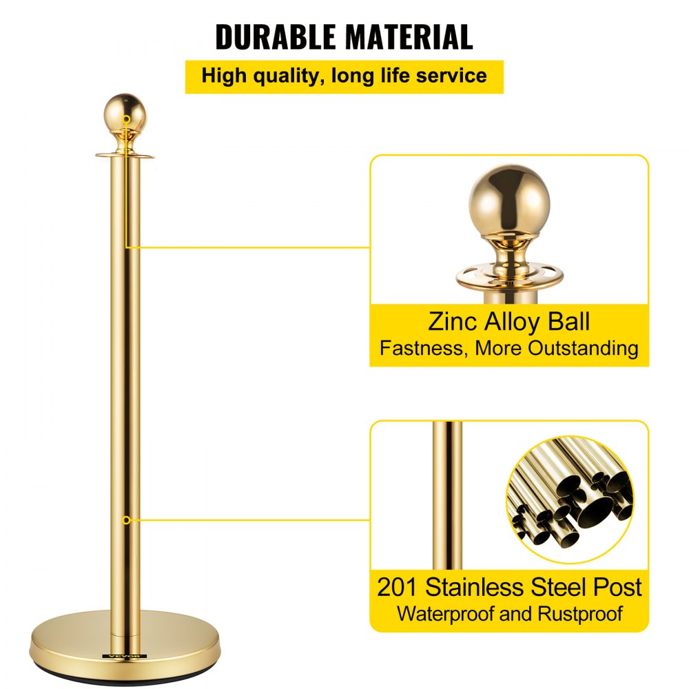 AMITOOLS 6 PCS Gold Stanchions Posts Stainless Steel Stanchion Queue Post Red Rope Retractable 38In for Both Indoor and Outdoor use.