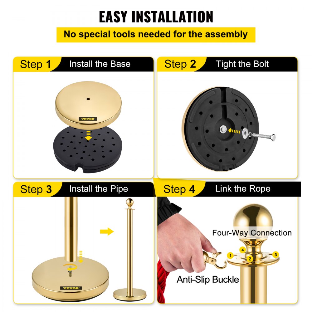 AMITOOLS 6 PCS Gold Stanchions Posts Stainless Steel Stanchion Queue Post Red Rope Retractable 38In for Both Indoor and Outdoor use.