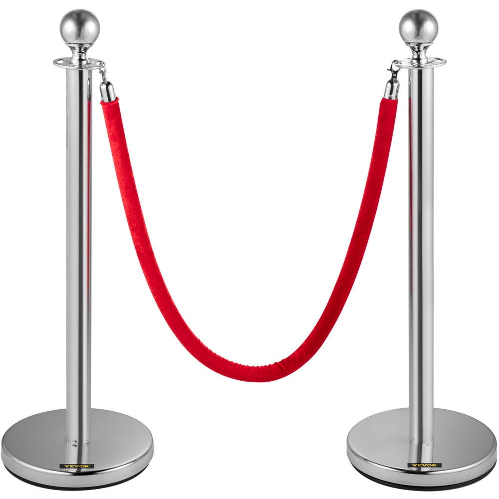 AMITOOLS 4PCS Stainless Steel Stanchion Posts Queue, Red Velvet Ropes Silver, 38In Rope Barriers Queue Line Crowd Control Barriers for Party Supplies