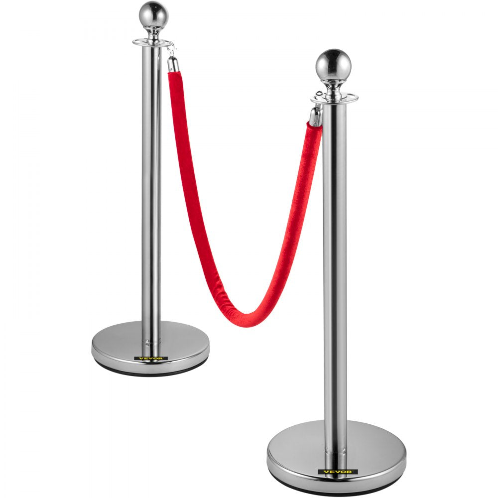 AMITOOLS 4PCS Stainless Steel Stanchion Posts Queue, Red Velvet Ropes Silver, 38In Rope Barriers Queue Line Crowd Control Barriers for Party Supplies