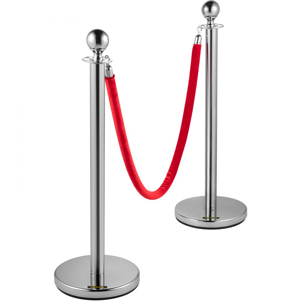 AMITOOLS 4PCS Stainless Steel Stanchion Posts Queue, Red Velvet Ropes Silver, 38In Rope Barriers Queue Line Crowd Control Barriers for Party Supplies