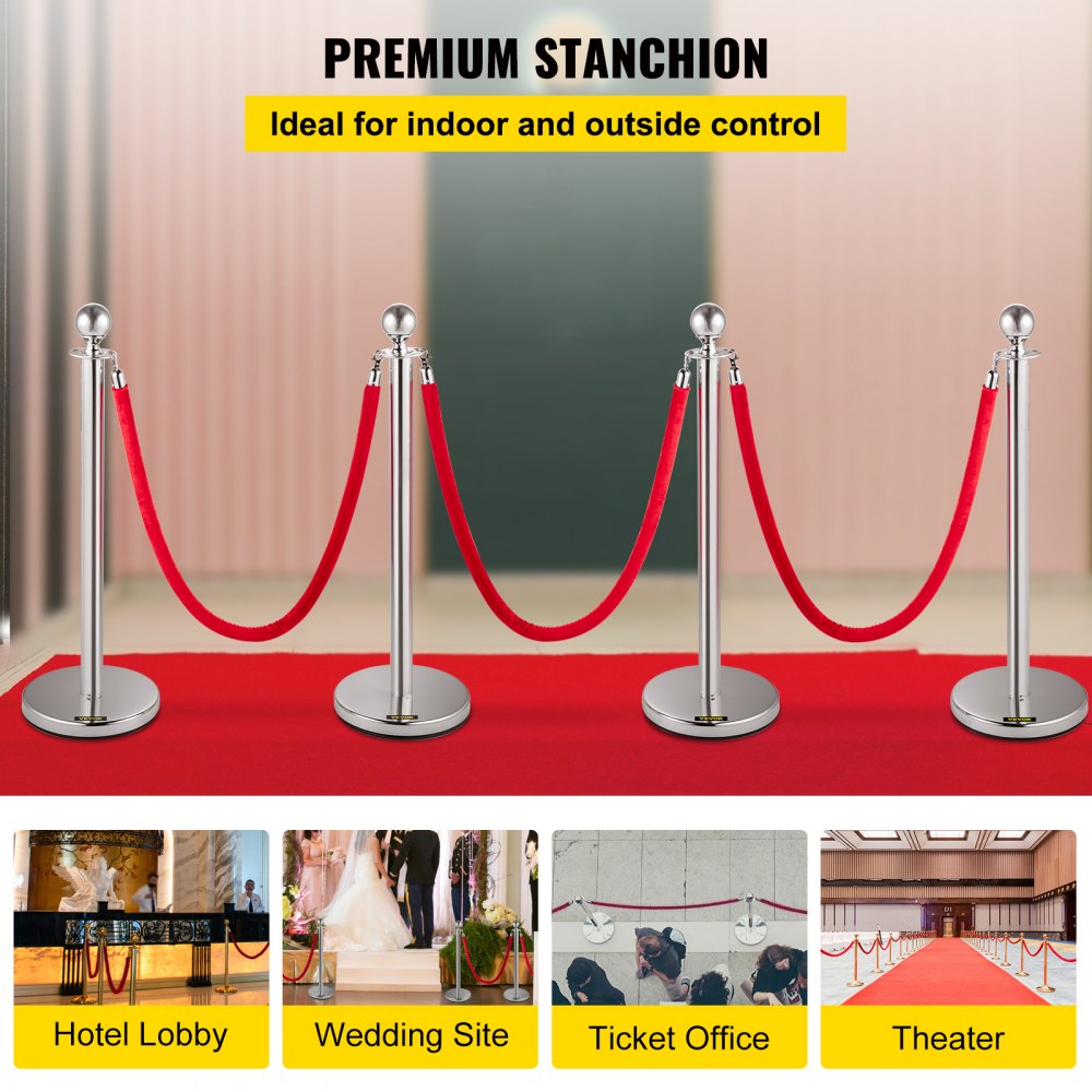 AMITOOLS 38 Inch Stanchion Posts Queue, Red Velvet Rope (3, Silver)