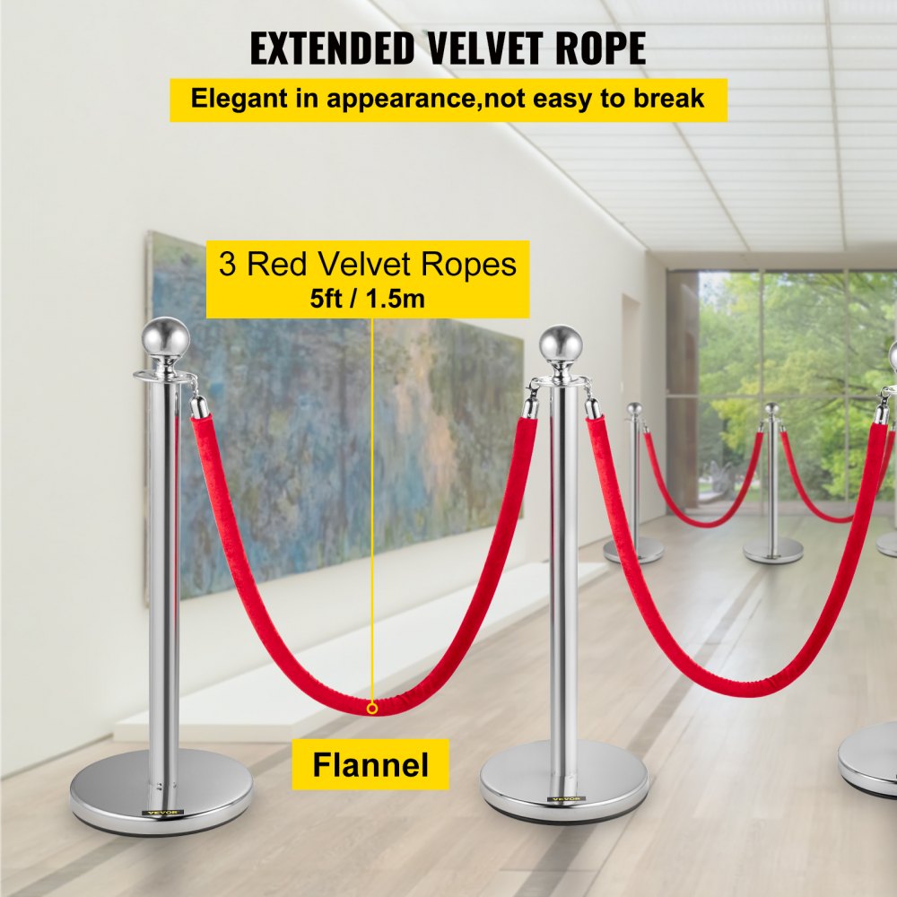 AMITOOLS 38 Inch Stanchion Posts Queue, Red Velvet Rope (3, Silver)