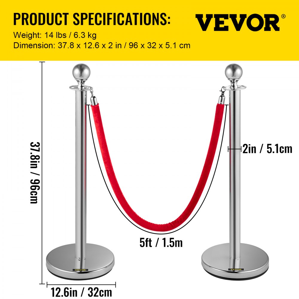 AMITOOLS 38 Inch Stanchion Posts Queue, Red Velvet Rope (3, Silver)