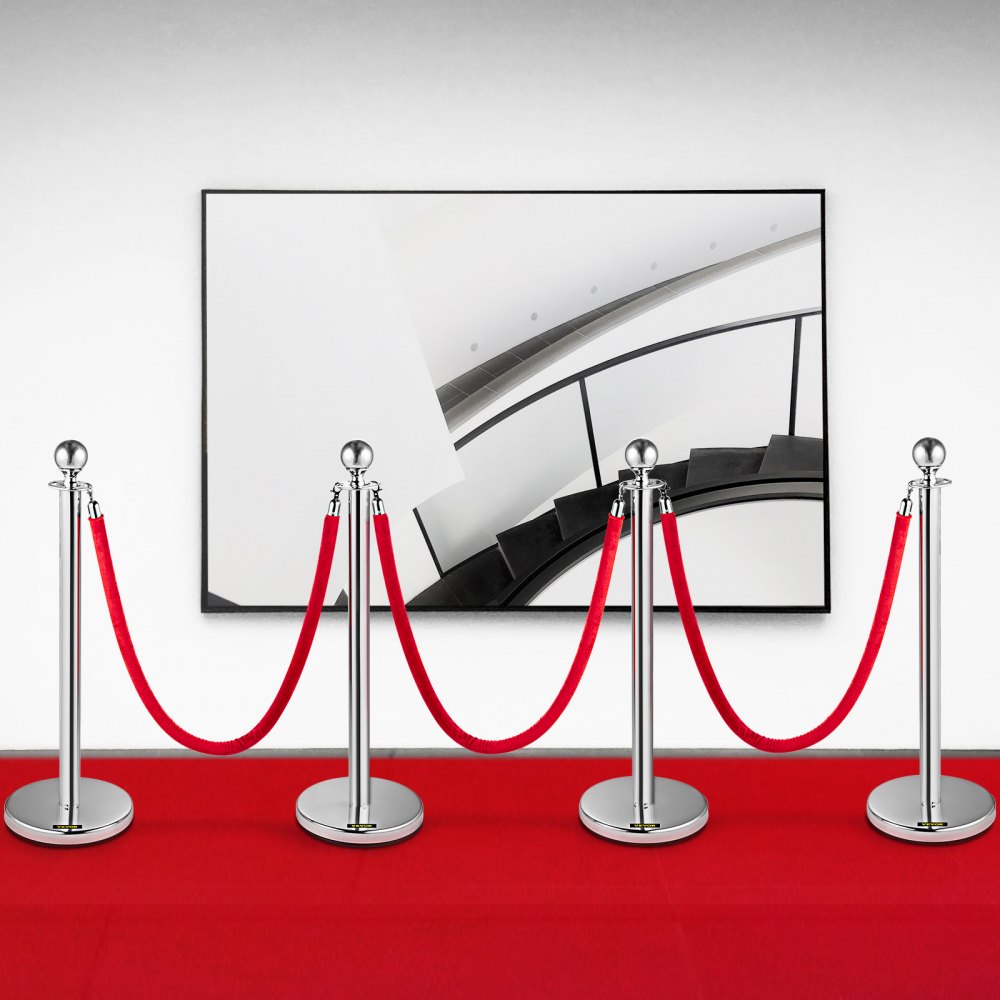 AMITOOLS 38 Inch Stanchion Posts Queue, Red Velvet Rope (3, Silver)