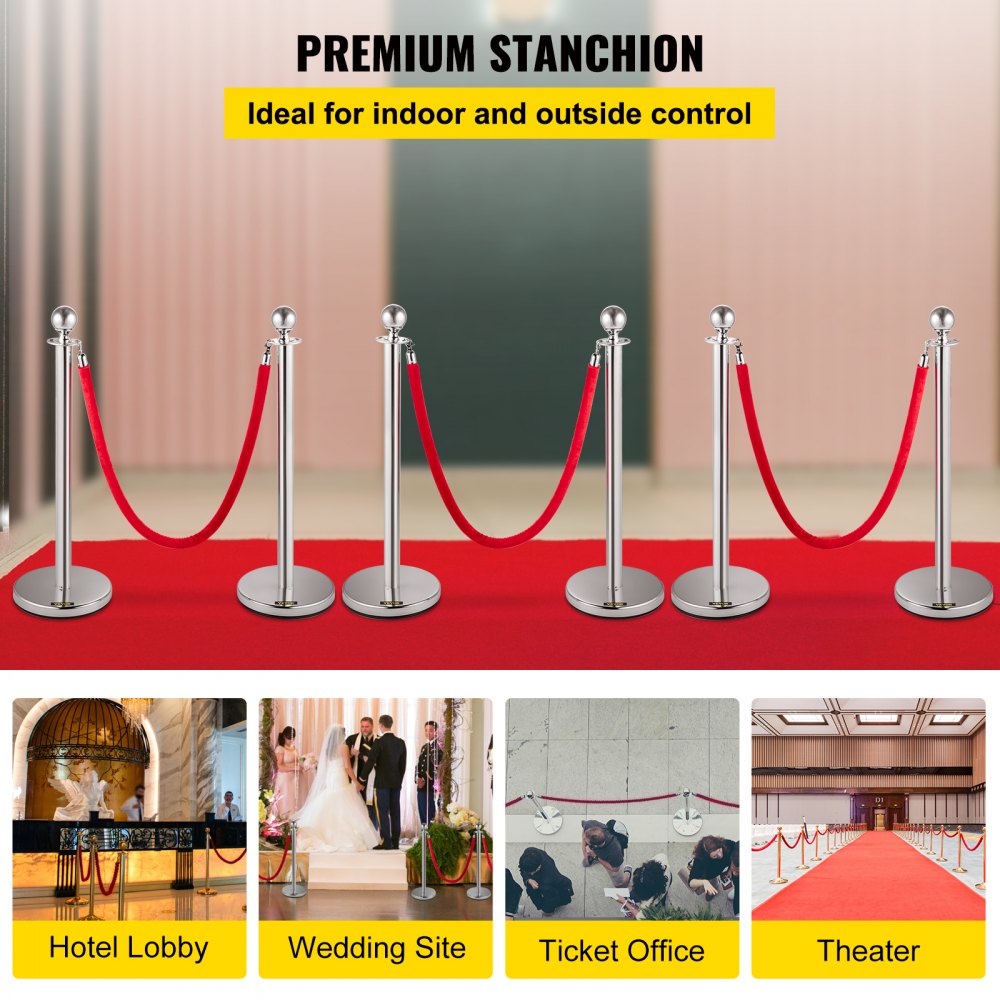 AMITOOLS 6 PCS Silver Stanchions Posts Stainless Steel Stanchion Queue Post Red Rope Retractable 38In for Both Indoor and Outdoor use.