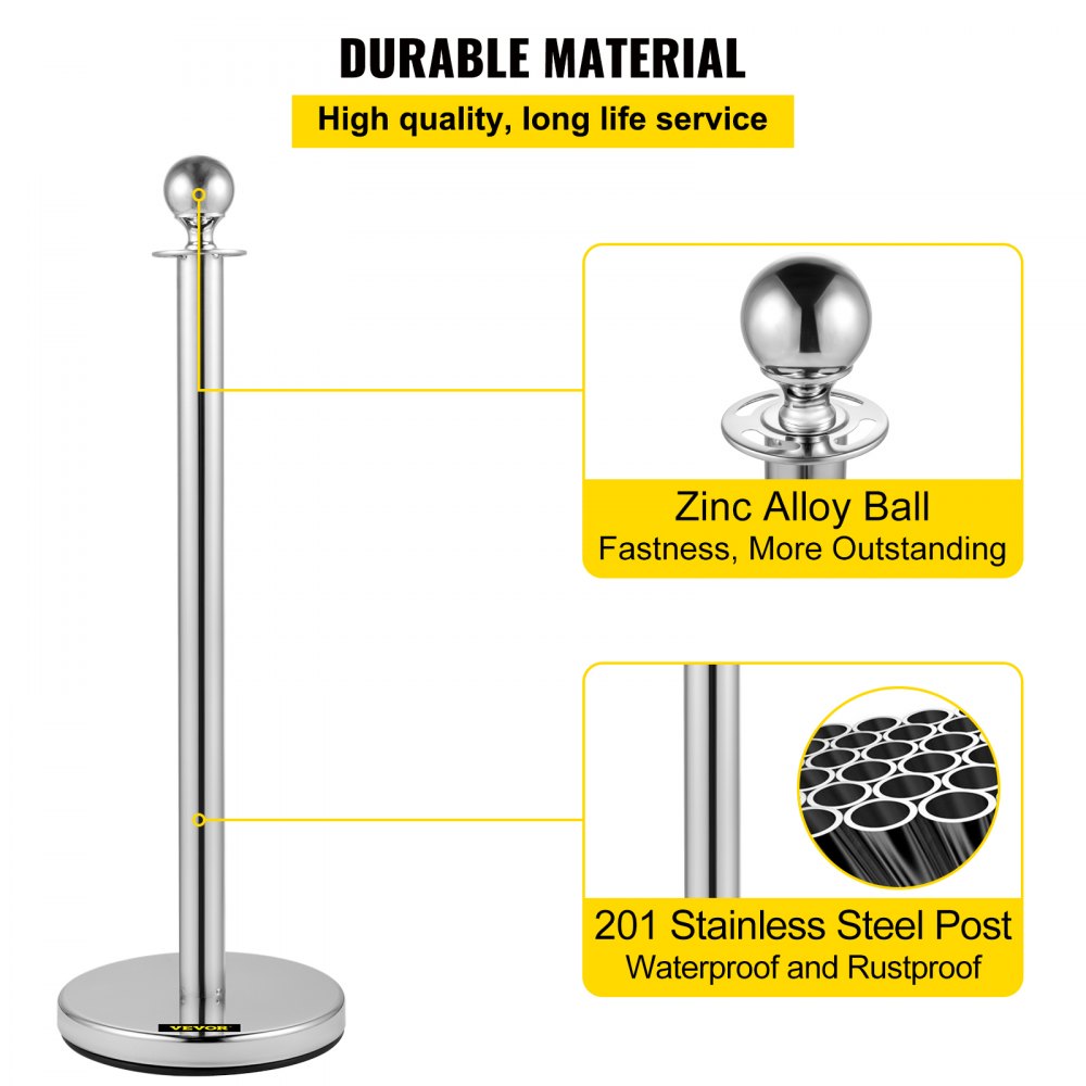 AMITOOLS 6 PCS Silver Stanchions Posts Stainless Steel Stanchion Queue Post Red Rope Retractable 38In for Both Indoor and Outdoor use.