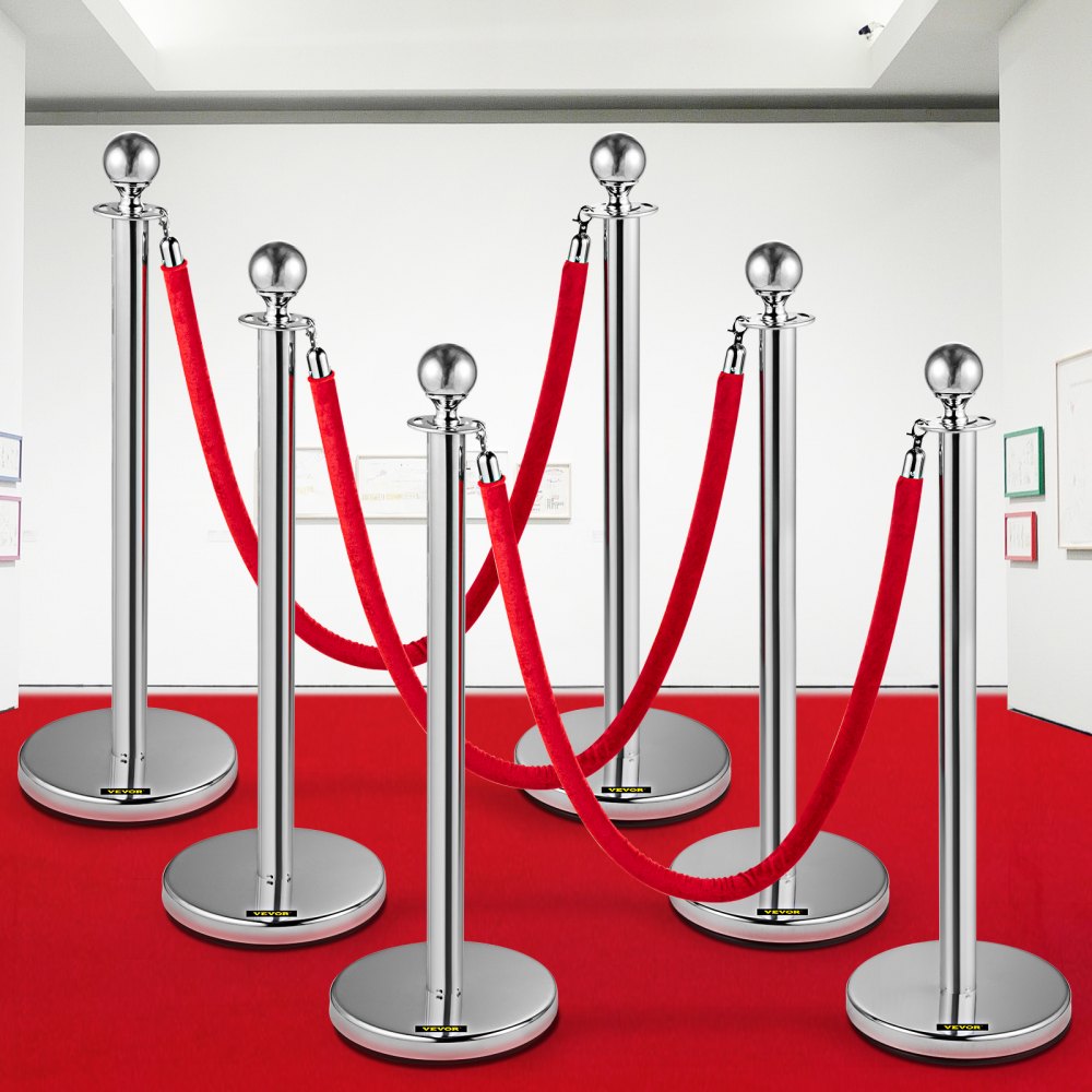 AMITOOLS 6 PCS Silver Stanchions Posts Stainless Steel Stanchion Queue Post Red Rope Retractable 38In for Both Indoor and Outdoor use.