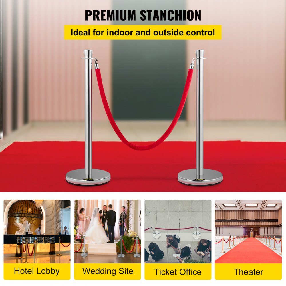 AMITOOLS Crowd Control Stanchion, Set of 2 Pieces Stanchion Set, Stanchion Set with 5 ft/1.5 m Red Velvet Rope, Silver Crowd Control Barrier w/Sturdy Concrete and Metal Base - Easy Connect Assembly