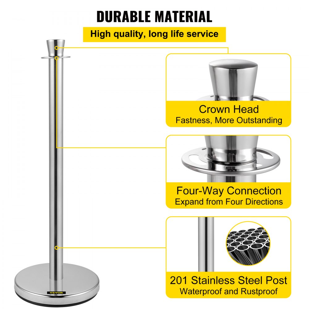 AMITOOLS Crowd Control Stanchion, Set of 2 Pieces Stanchion Set, Stanchion Set with 5 ft/1.5 m Red Velvet Rope, Silver Crowd Control Barrier w/Sturdy Concrete and Metal Base - Easy Connect Assembly