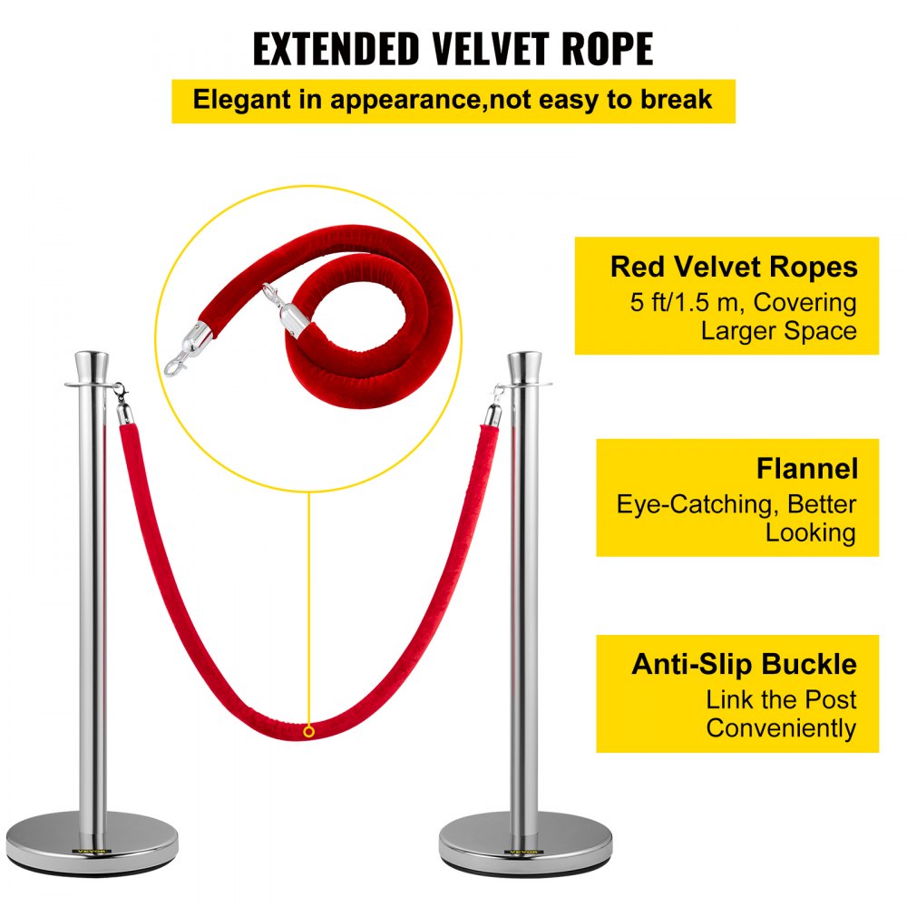 AMITOOLS Crowd Control Stanchion, Set of 2 Pieces Stanchion Set, Stanchion Set with 5 ft/1.5 m Red Velvet Rope, Silver Crowd Control Barrier w/Sturdy Concrete and Metal Base - Easy Connect Assembly