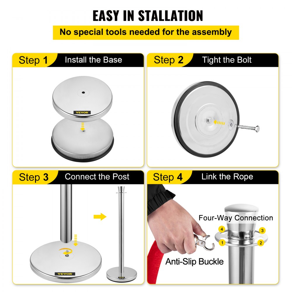 AMITOOLS Crowd Control Stanchion, Set of 2 Pieces Stanchion Set, Stanchion Set with 5 ft/1.5 m Red Velvet Rope, Silver Crowd Control Barrier w/Sturdy Concrete and Metal Base - Easy Connect Assembly