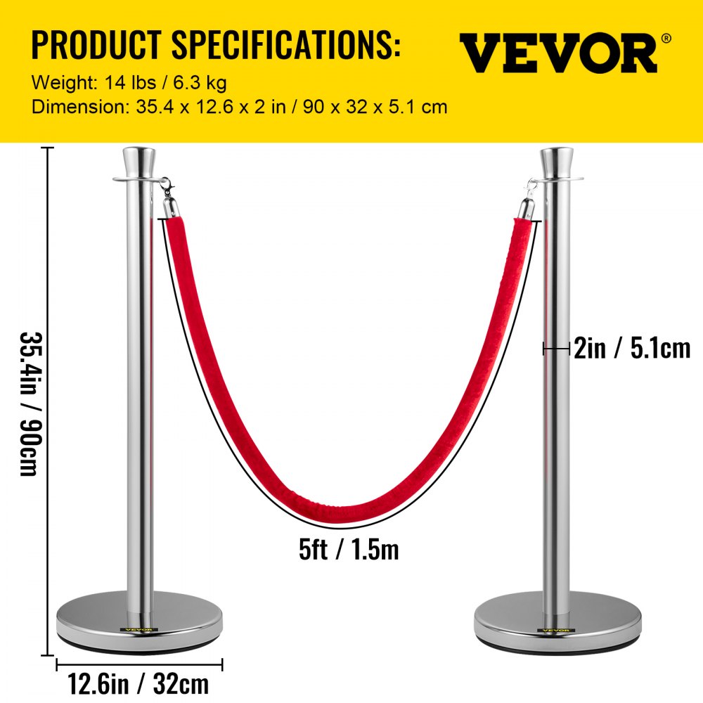 AMITOOLS Crowd Control Stanchion, Set of 2 Pieces Stanchion Set, Stanchion Set with 5 ft/1.5 m Red Velvet Rope, Silver Crowd Control Barrier w/Sturdy Concrete and Metal Base - Easy Connect Assembly