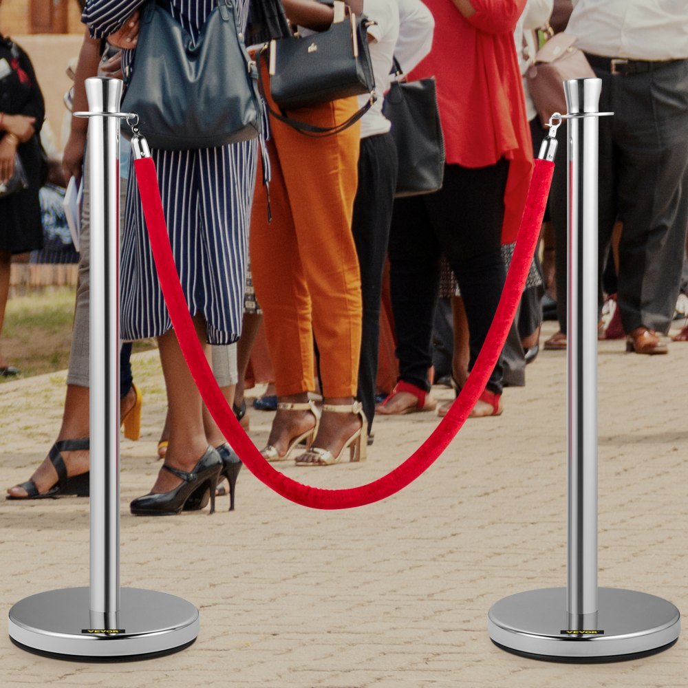 AMITOOLS Crowd Control Stanchion, Set of 2 Pieces Stanchion Set, Stanchion Set with 5 ft/1.5 m Red Velvet Rope, Silver Crowd Control Barrier w/Sturdy Concrete and Metal Base - Easy Connect Assembly