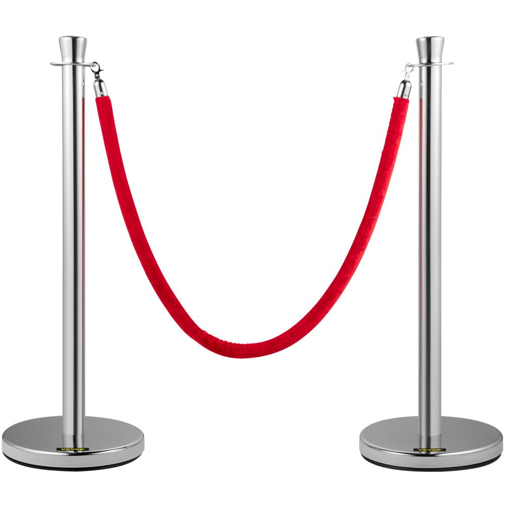 AMITOOLS Crowd Control Stanchion, Set of 2 Pieces Stanchion Set, Stanchion Set with 5 ft/1.5 m Red Velvet Rope, Silver Crowd Control Barrier w/Sturdy Concrete and Metal Base - Easy Connect Assembly