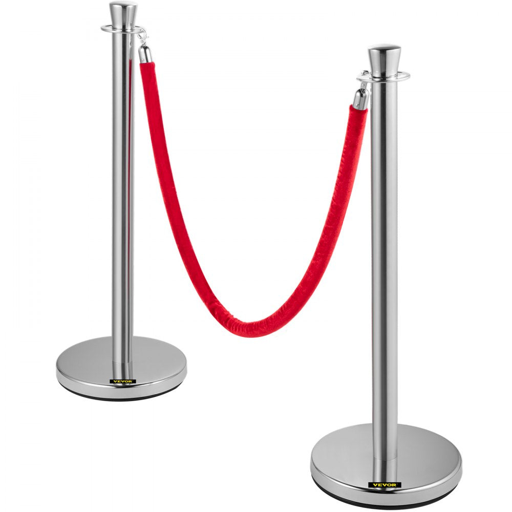 AMITOOLS Crowd Control Stanchion, Set of 2 Pieces Stanchion Set, Stanchion Set with 5 ft/1.5 m Red Velvet Rope, Silver Crowd Control Barrier w/Sturdy Concrete and Metal Base - Easy Connect Assembly