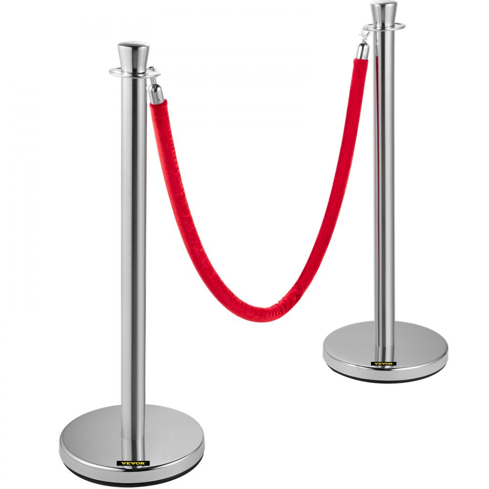 AMITOOLS Crowd Control Stanchion, Set of 2 Pieces Stanchion Set, Stanchion Set with 5 ft/1.5 m Red Velvet Rope, Silver Crowd Control Barrier w/Sturdy Concrete and Metal Base - Easy Connect Assembly