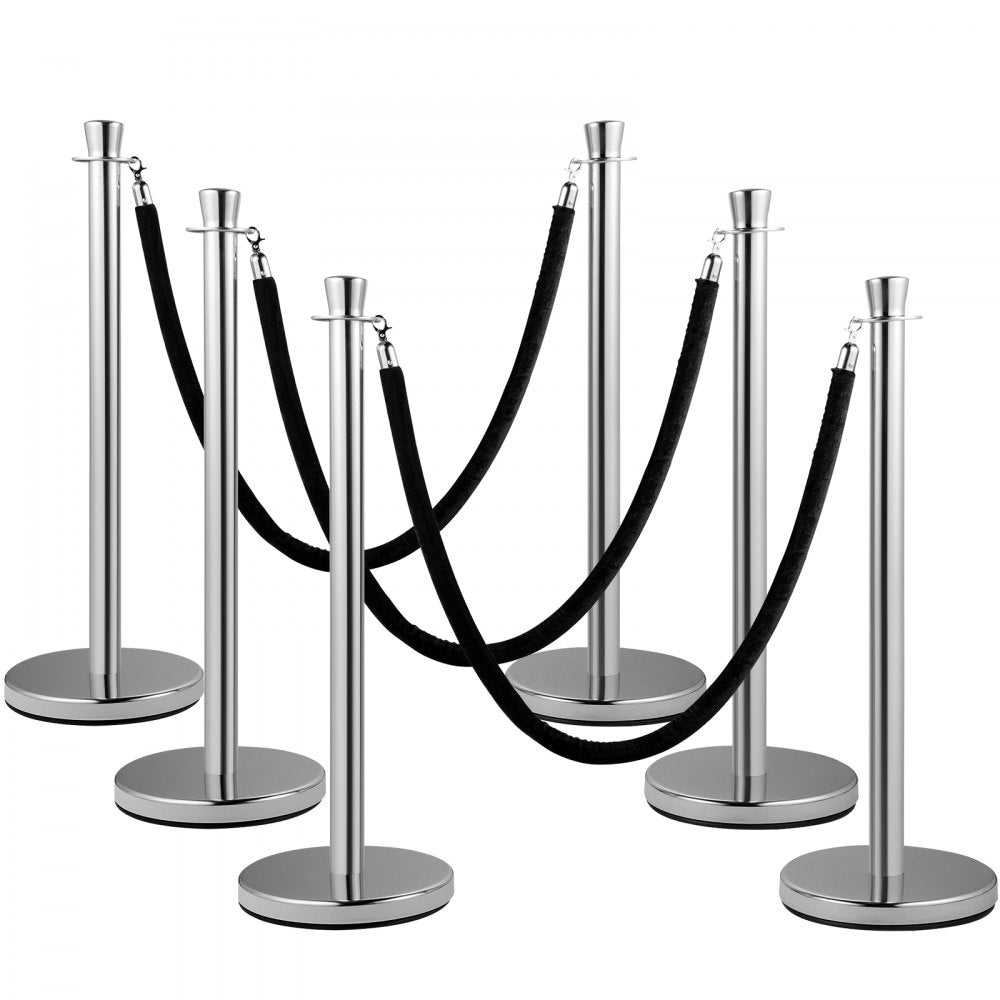 AMITOOLS Crowd Control Stanchion, Set of 2 Pieces Stanchion Set, Stanchion Set with 5 ft/1.5 m Black Velvet Rope, Silver Crowd Control Barrier w/Sturdy Concrete and Metal Base - Easy Connect Assembly