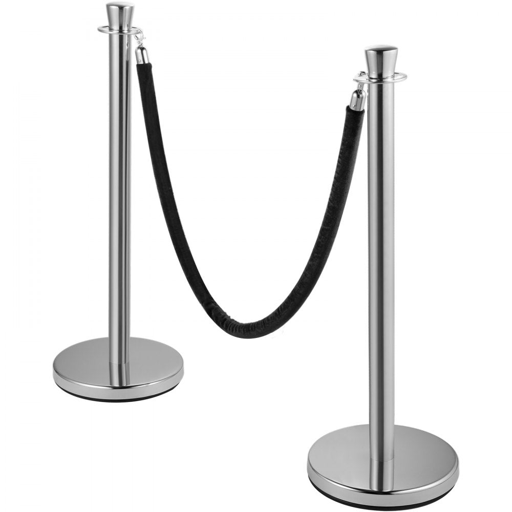 AMITOOLS Crowd Control Stanchion, Set of 2 Pieces Stanchion Set, Stanchion Set with 5 ft/1.5 m Black Velvet Rope, Silver Crowd Control Barrier w/Sturdy Concrete and Metal Base - Easy Connect Assembly