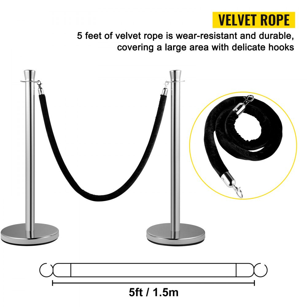 AMITOOLS Crowd Control Stanchion, Set of 2 Pieces Stanchion Set, Stanchion Set with 5 ft/1.5 m Black Velvet Rope, Silver Crowd Control Barrier w/Sturdy Concrete and Metal Base - Easy Connect Assembly