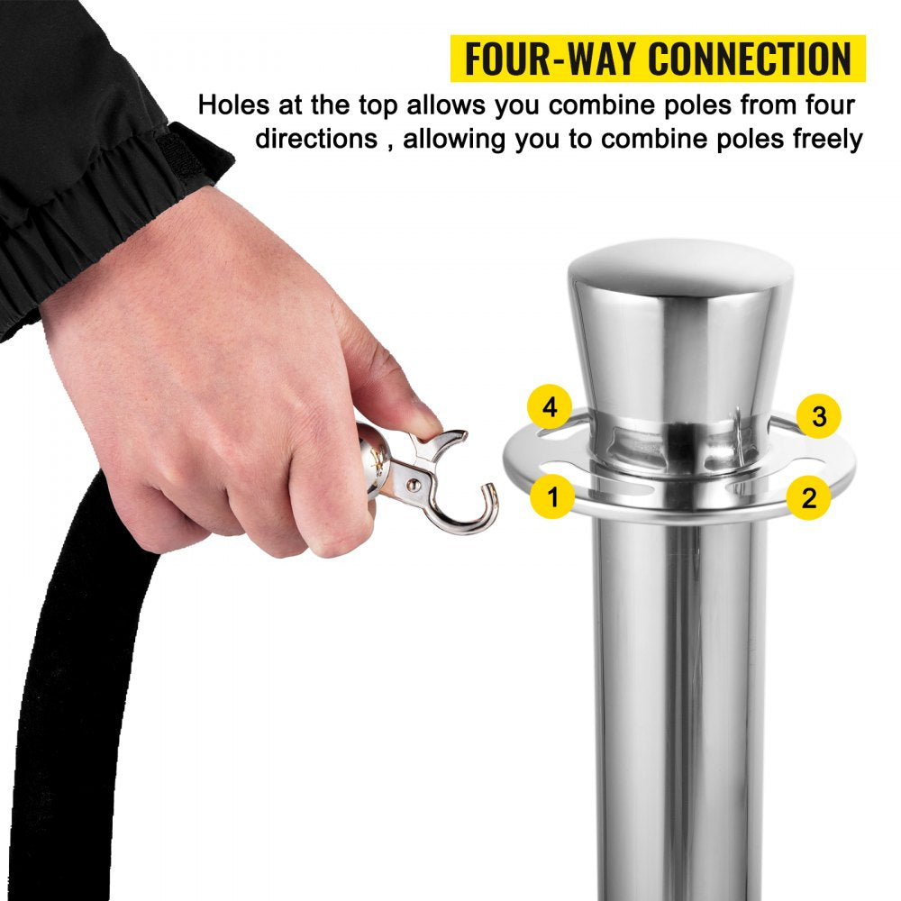 AMITOOLS Crowd Control Stanchion, Set of 2 Pieces Stanchion Set, Stanchion Set with 5 ft/1.5 m Black Velvet Rope, Silver Crowd Control Barrier w/Sturdy Concrete and Metal Base - Easy Connect Assembly