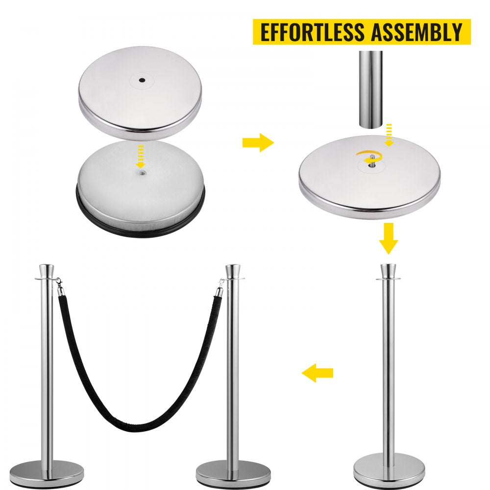 AMITOOLS Crowd Control Stanchion, Set of 2 Pieces Stanchion Set, Stanchion Set with 5 ft/1.5 m Black Velvet Rope, Silver Crowd Control Barrier w/Sturdy Concrete and Metal Base - Easy Connect Assembly