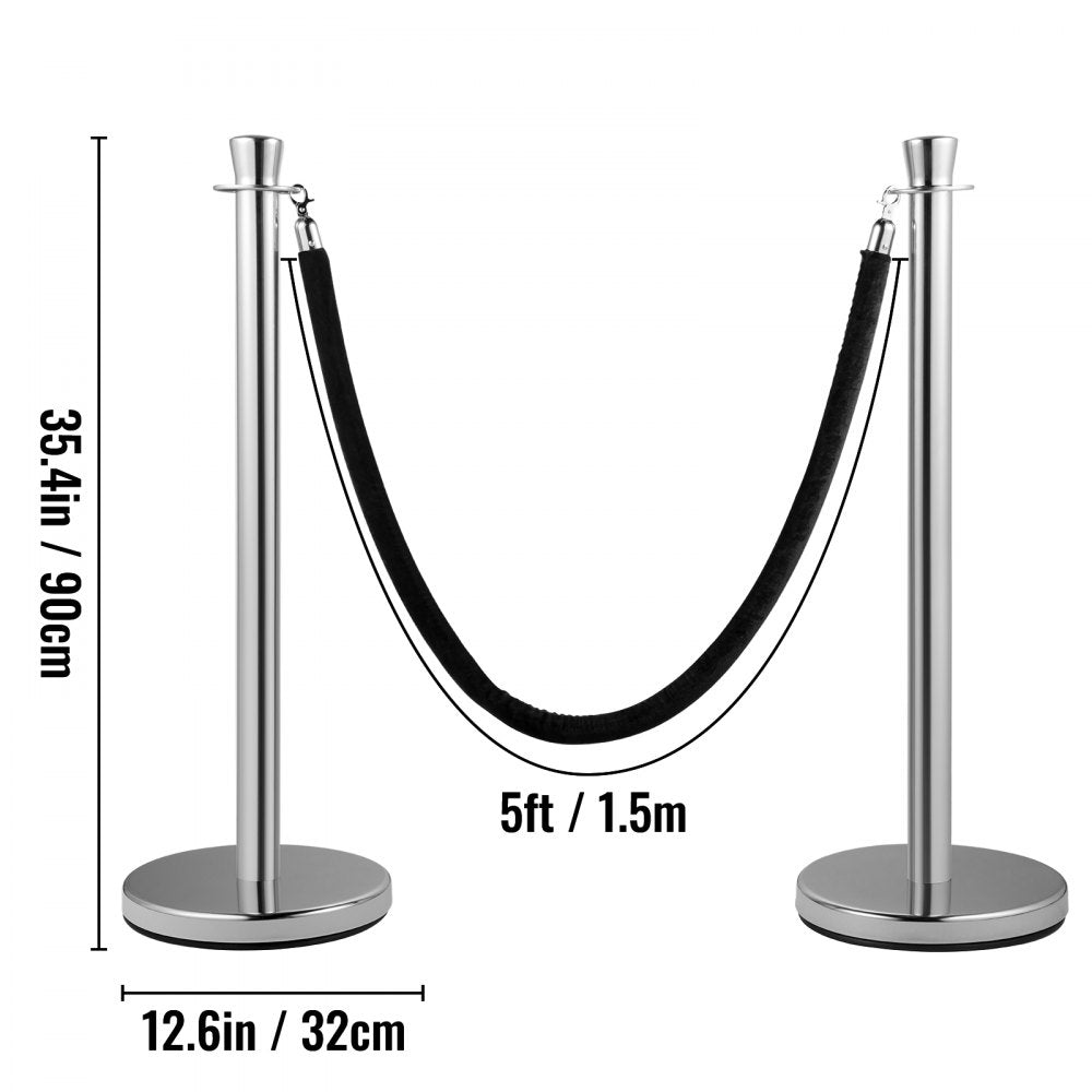 AMITOOLS Crowd Control Stanchion, Set of 2 Pieces Stanchion Set, Stanchion Set with 5 ft/1.5 m Black Velvet Rope, Silver Crowd Control Barrier w/Sturdy Concrete and Metal Base - Easy Connect Assembly