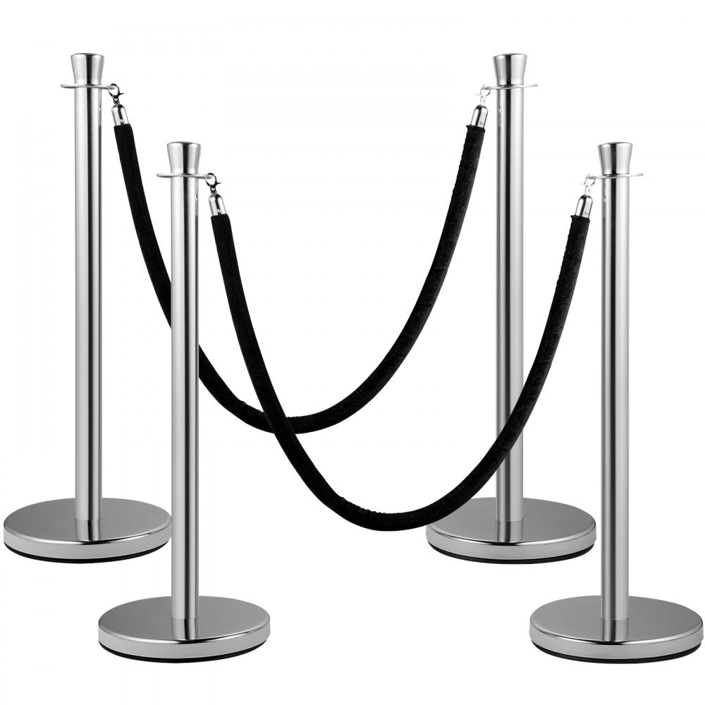 AMITOOLS Crowd Control Stanchion, Set of 2 Pieces Stanchion Set, Stanchion Set with 5 ft/1.5 m Black Velvet Rope, Silver Crowd Control Barrier w/Sturdy Concrete and Metal Base - Easy Connect Assembly