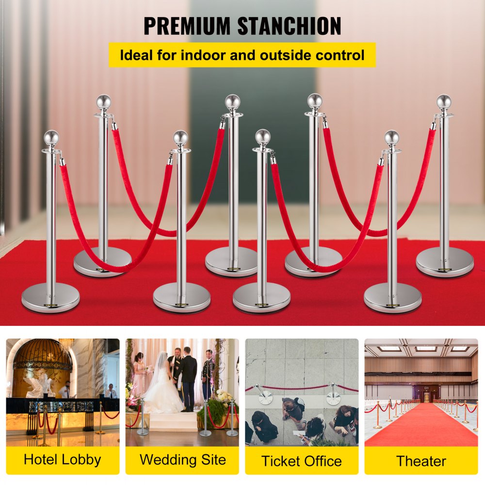 AMITOOLS Crowd Control Stanchion, Set of 8 Pieces Stanchion Set, Stanchion Set with 5 ft/1.5 m Red Velvet Rope, Silver Crowd Control Barrier w/ Sturdy Concrete and Metal Base – Easy Connect Assembly