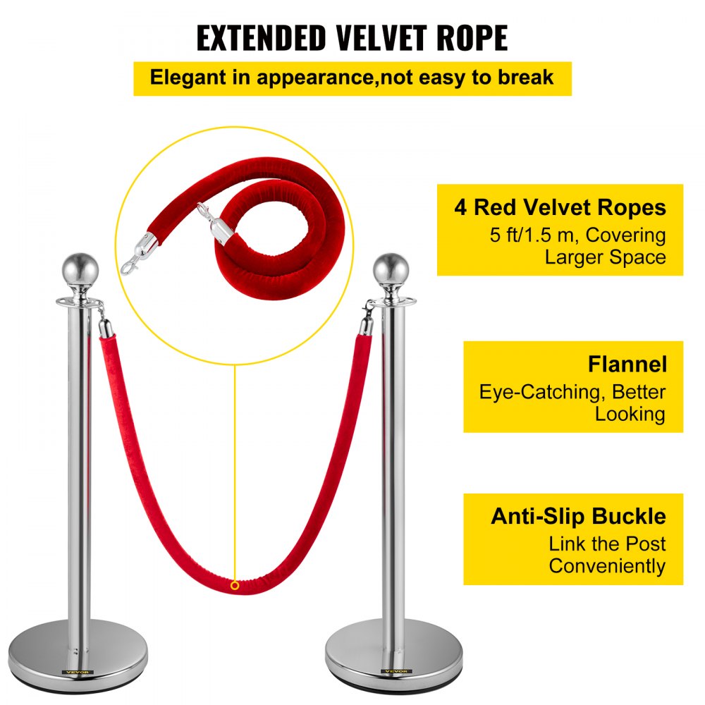 AMITOOLS Crowd Control Stanchion, Set of 8 Pieces Stanchion Set, Stanchion Set with 5 ft/1.5 m Red Velvet Rope, Silver Crowd Control Barrier w/ Sturdy Concrete and Metal Base – Easy Connect Assembly