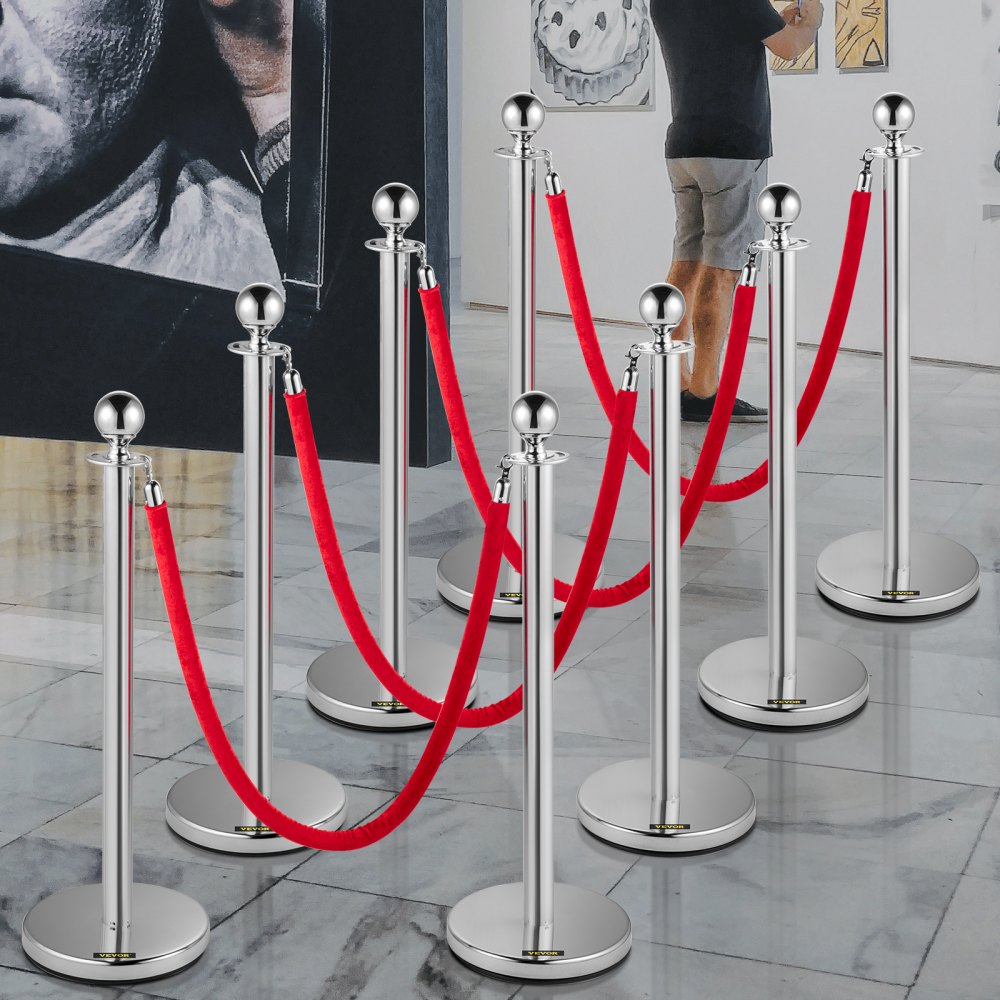 AMITOOLS Crowd Control Stanchion, Set of 8 Pieces Stanchion Set, Stanchion Set with 5 ft/1.5 m Red Velvet Rope, Silver Crowd Control Barrier w/ Sturdy Concrete and Metal Base – Easy Connect Assembly