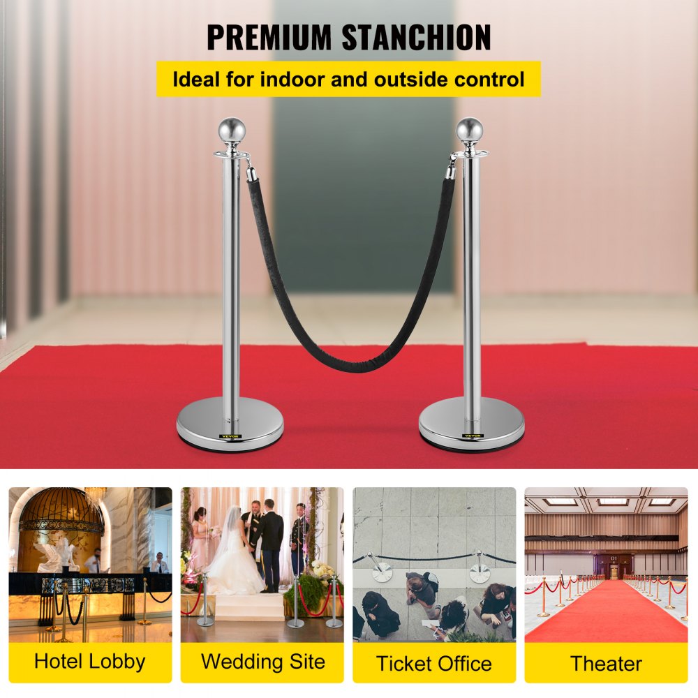 AMITOOLS Crowd Control Stanchion, Set of 2 Pieces Stanchion, Stanchion Set with 5 ft/1.5 m Black Velvet Rope, Silver Crowd Control Barrier w/Sturdy Concrete and Metal Base – Easy Connect Assembly