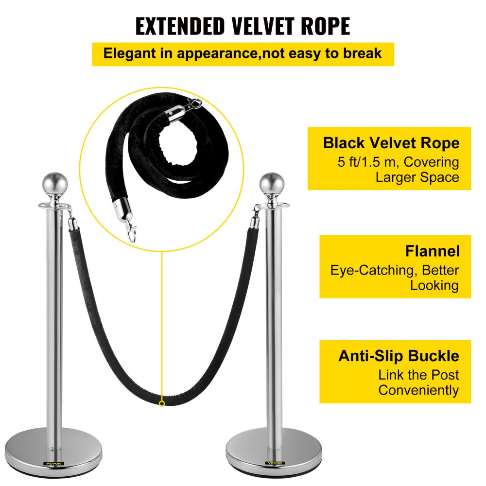 AMITOOLS Crowd Control Stanchion, Set of 2 Pieces Stanchion, Stanchion Set with 5 ft/1.5 m Black Velvet Rope, Silver Crowd Control Barrier w/Sturdy Concrete and Metal Base – Easy Connect Assembly