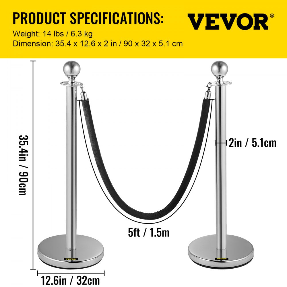 AMITOOLS Crowd Control Stanchion, Set of 2 Pieces Stanchion, Stanchion Set with 5 ft/1.5 m Black Velvet Rope, Silver Crowd Control Barrier w/Sturdy Concrete and Metal Base – Easy Connect Assembly