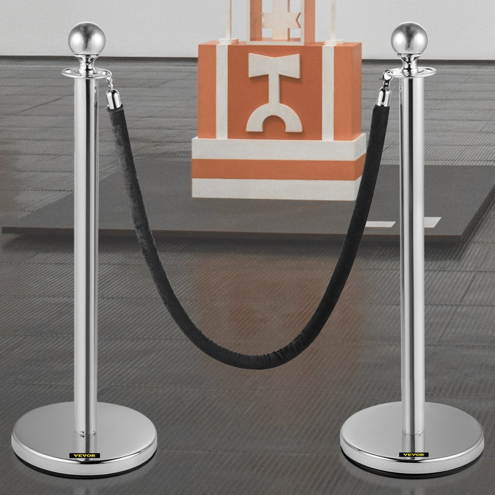 AMITOOLS Crowd Control Stanchion, Set of 2 Pieces Stanchion, Stanchion Set with 5 ft/1.5 m Black Velvet Rope, Silver Crowd Control Barrier w/Sturdy Concrete and Metal Base – Easy Connect Assembly