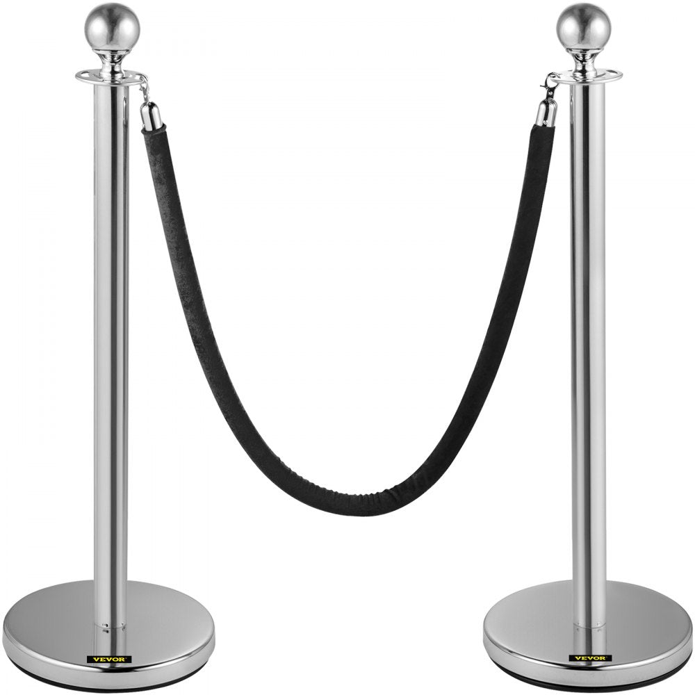 AMITOOLS Crowd Control Stanchion, Set of 2 Pieces Stanchion, Stanchion Set with 5 ft/1.5 m Black Velvet Rope, Silver Crowd Control Barrier w/Sturdy Concrete and Metal Base – Easy Connect Assembly