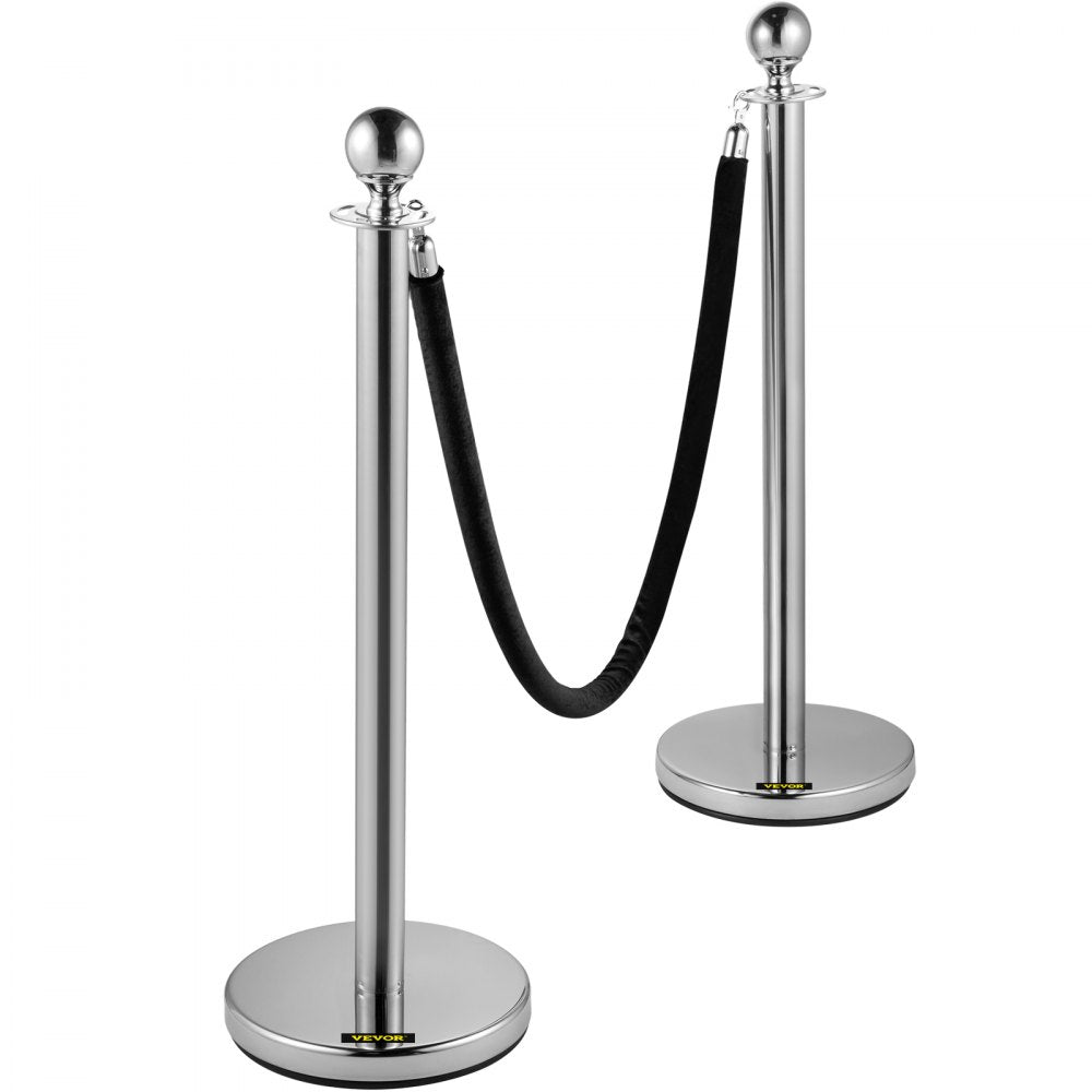 AMITOOLS Crowd Control Stanchion, Set of 2 Pieces Stanchion, Stanchion Set with 5 ft/1.5 m Black Velvet Rope, Silver Crowd Control Barrier w/Sturdy Concrete and Metal Base – Easy Connect Assembly