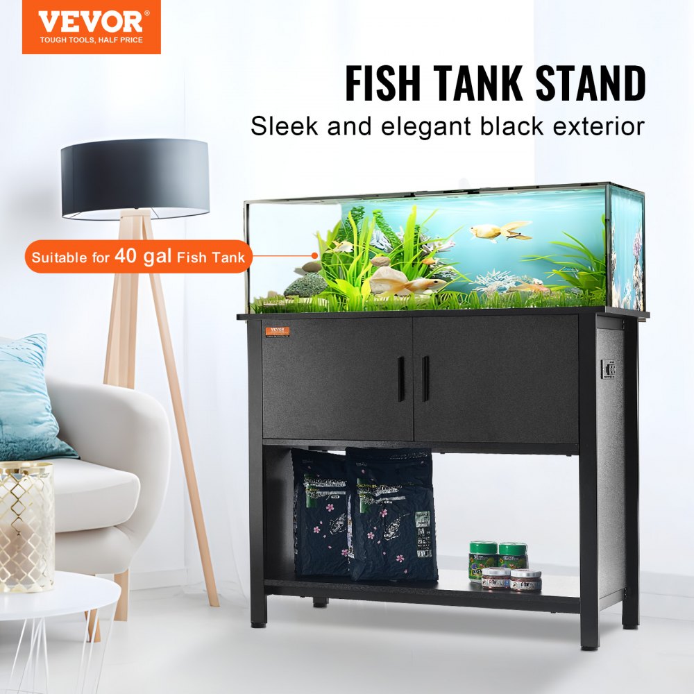 AMITOOLS Aquarium Stand, 40 Gallon Fish Tank Stand, 36.6 x 18.9 x 31.5 in Steel and MDF Turtle Tank Stand, 335 lbs Load Capacity, Reptile Tank Stand with Storage Cabinet and Embedded Power Panel, Black