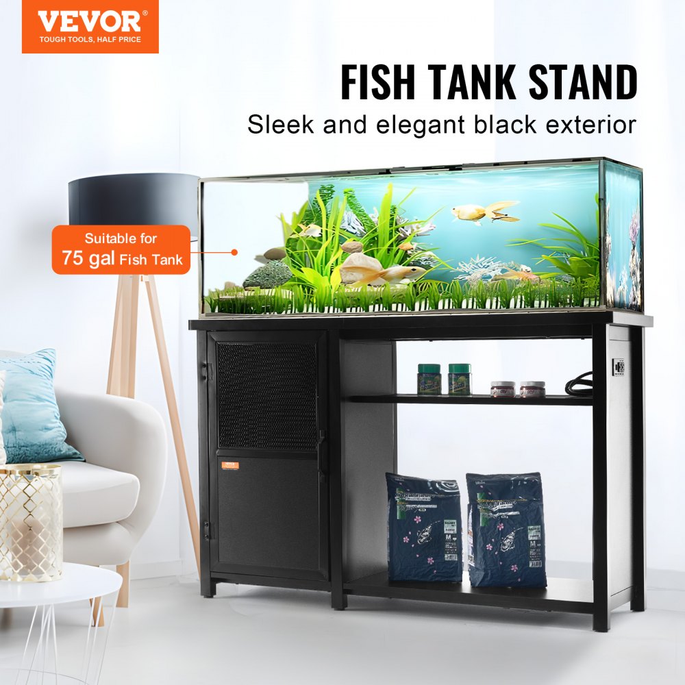 AMITOOLS Aquarium Stand, 75 Gallon Fish Tank Stand, 52 x 19.7 x 32.3 in Steel and MDF Turtle Tank Stand, 626 lbs Load Capacity, Reptile Tank Stand with Storage Cabinet and Embedded Power Panel, Black