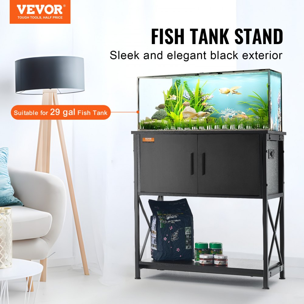 AMITOOLS Aquarium Stand, 29 Gallon Fish Tank Stand, 28.7 x 16.5 x 30 in Steel and MDF Turtle Tank Stand, 242.5 lbs Load Capacity, Reptile Tank Stand with Storage Cabinet and Embedded Power Panel, Black