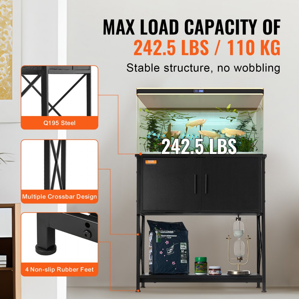 AMITOOLS Aquarium Stand, 29 Gallon Fish Tank Stand, 28.7 x 16.5 x 30 in Steel and MDF Turtle Tank Stand, 242.5 lbs Load Capacity, Reptile Tank Stand with Storage Cabinet and Embedded Power Panel, Black