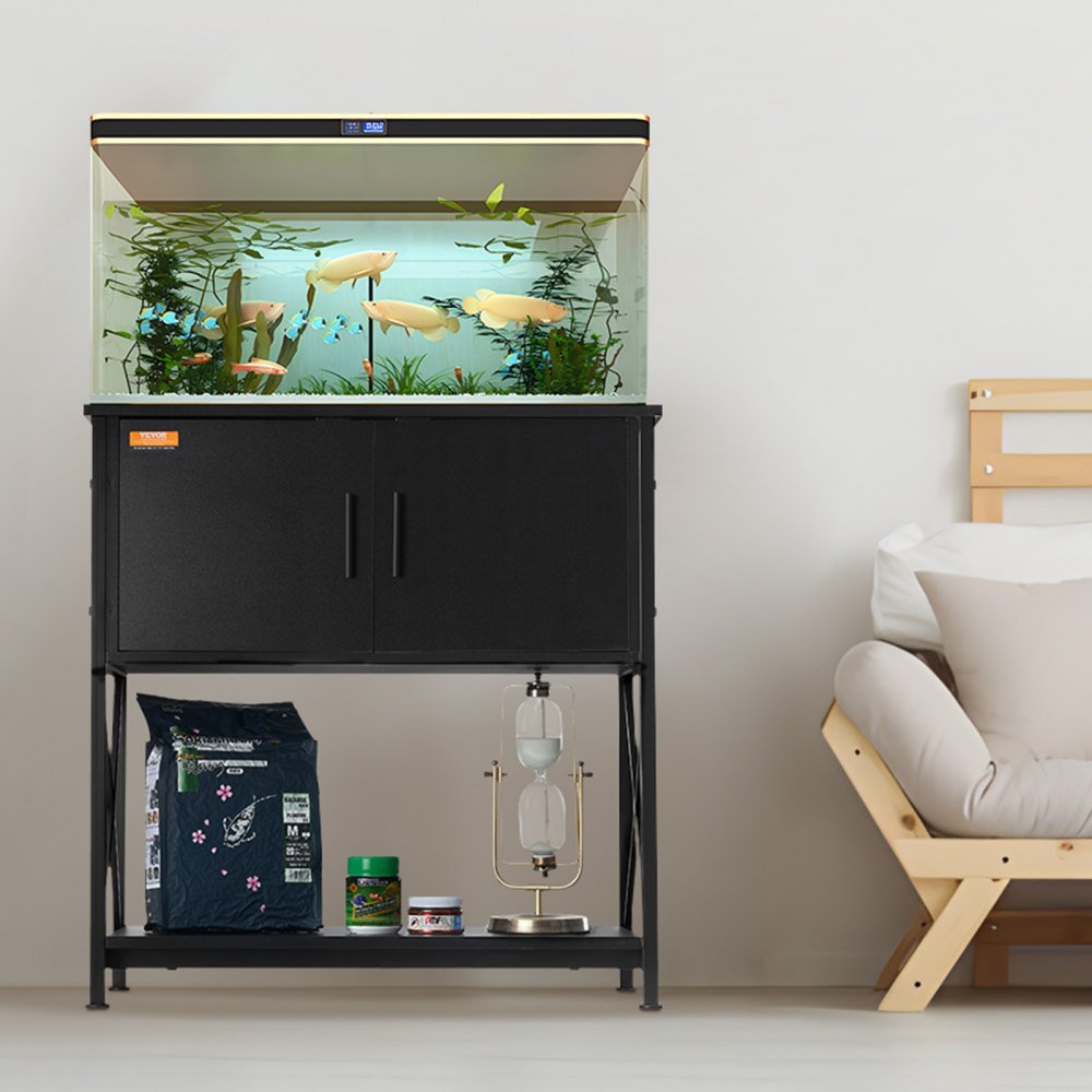 AMITOOLS Aquarium Stand, 29 Gallon Fish Tank Stand, 28.7 x 16.5 x 30 in Steel and MDF Turtle Tank Stand, 242.5 lbs Load Capacity, Reptile Tank Stand with Storage Cabinet and Embedded Power Panel, Black