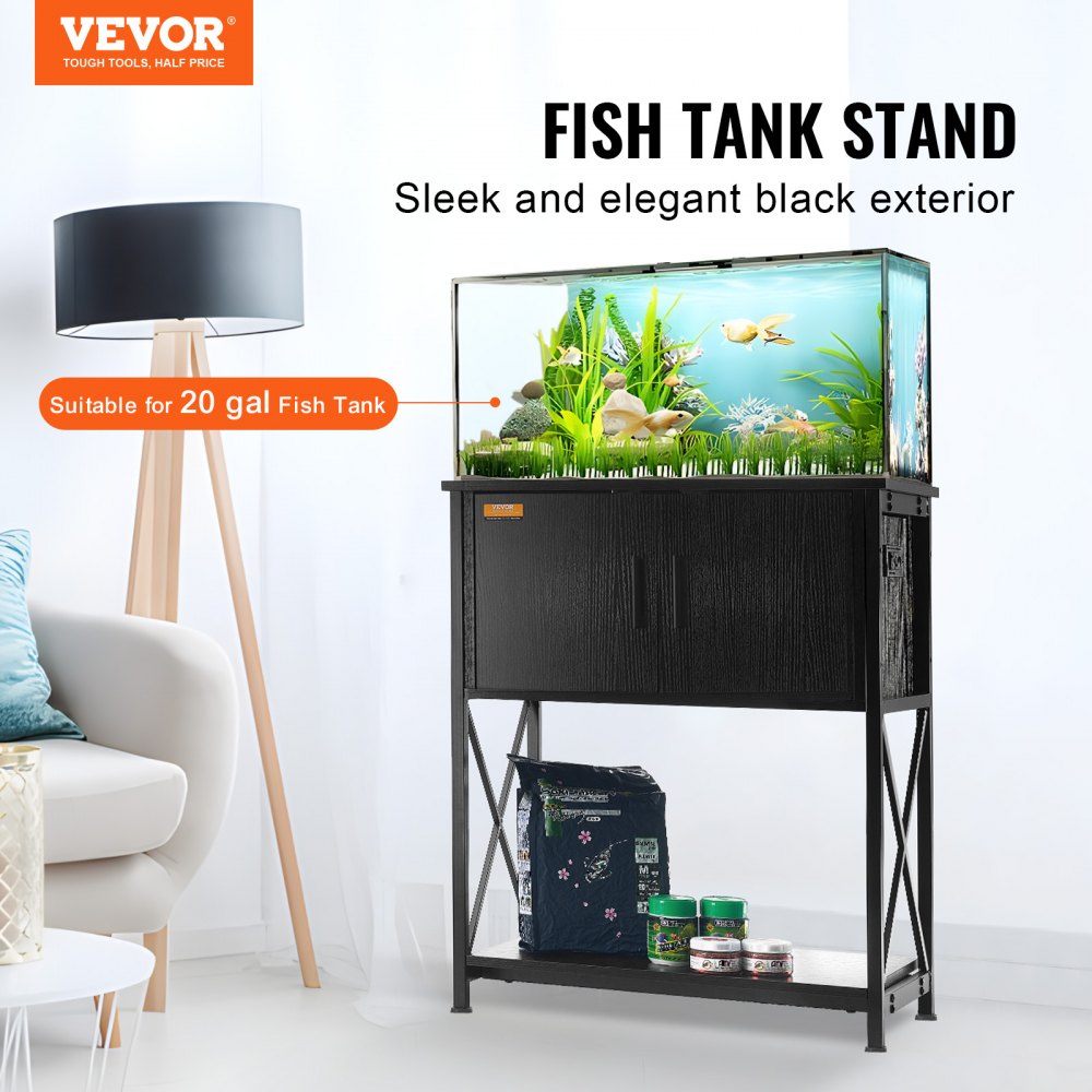 AMITOOLS Aquarium Stand, 20 Gallon Fish Tank Stand, 25.6 x 16.5 x 31.9 in Steel and MDF Turtle Tank Stand, 167.6 lbs Load Capacity, Reptile Tank Stand with Storage Cabinet and Embedded Power Panel, Black